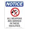 Signmission OSHA Notice, 5" Height, All Weapons Banned Sign With Symbol, 5" X 3.5", Portrait OS-NS-D-35-V-10135 - alternate 1